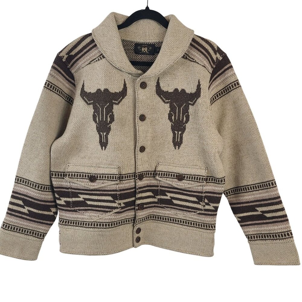 RRL Ralph Lauren Southwestern Shawl Collar Cardigan Beige Brown Wool Blend M - Picture 1 of 10